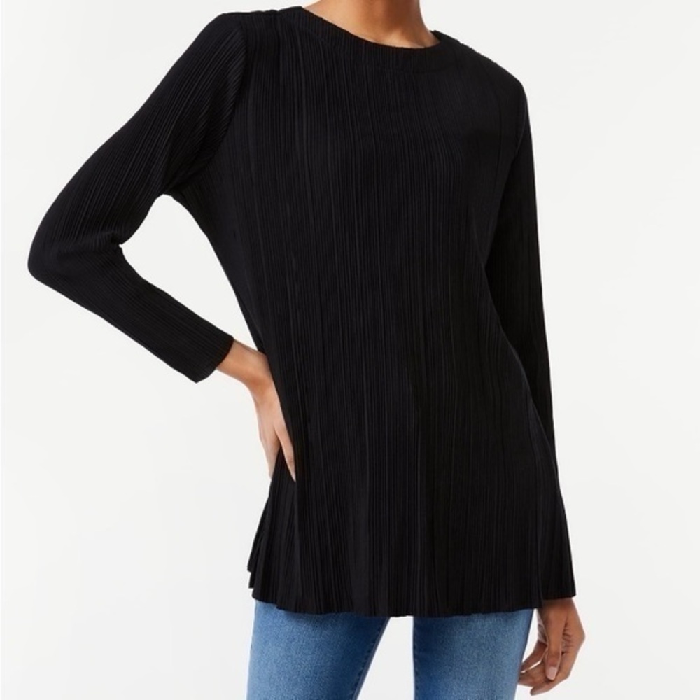 Scoop NYC Women’s Plisse Crinkle Long Sleeve Knit Black Tunic Top Size S NWT
